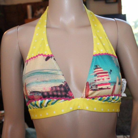 ECO FRIENDLY YELLOW POLKA DOT HALTER BIKINI SURF M - Picture 1 of 5